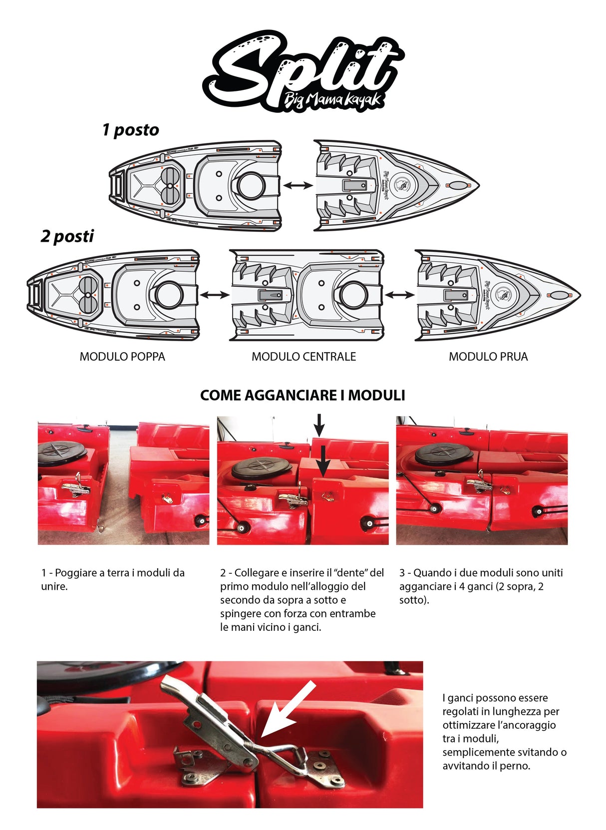 Kayak componibile Split 1 Basic Big Mama Kayak, canoa modulare, si monta in 30 secondi