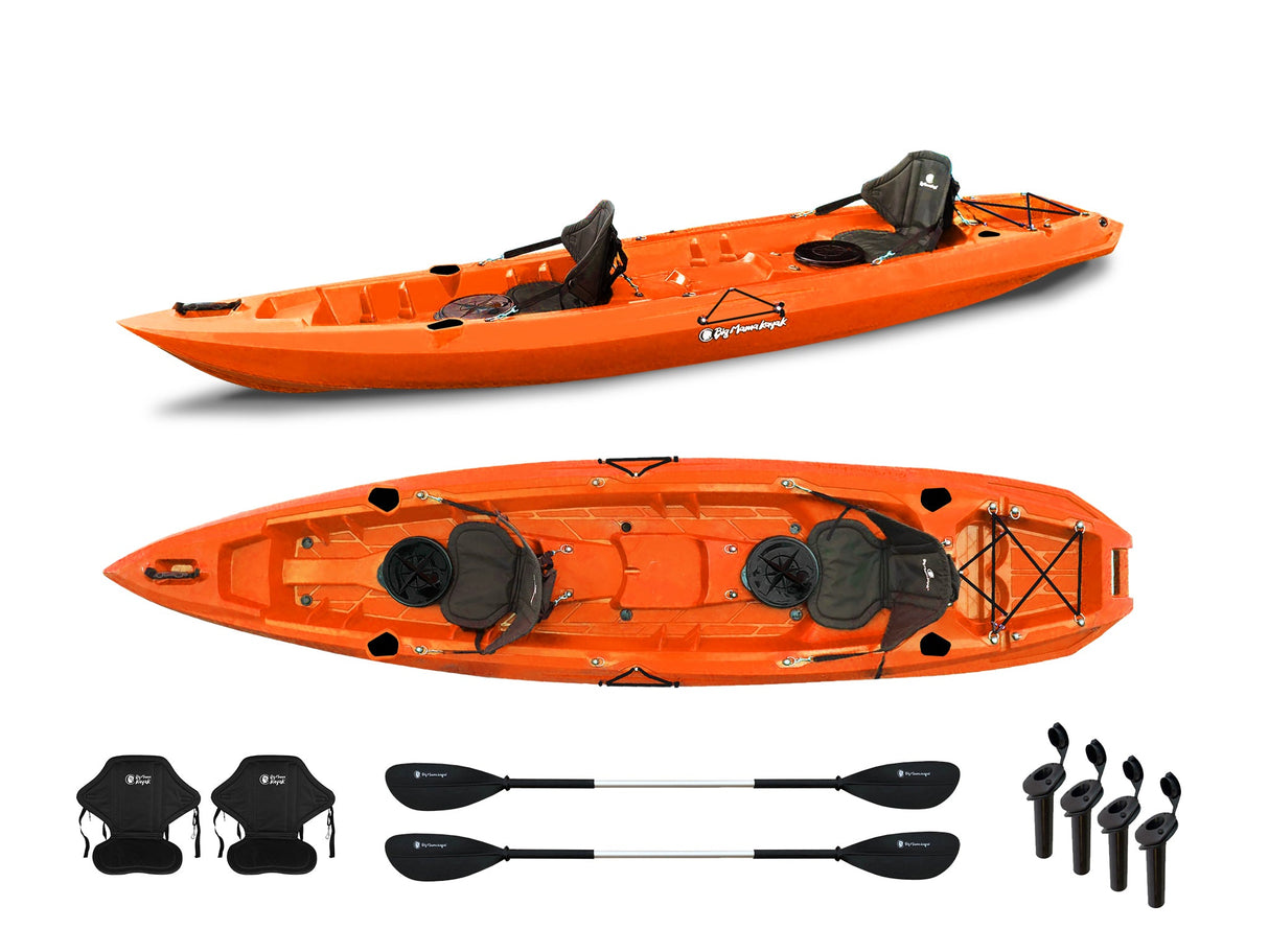 Canoa biposto da pesca - Mojito Fishing Big Mama Kayak - kayak 380 cm - 2 posti adulto + 1 posto bambino + 2 gavoni + 2 ruote integrate + 2 pagaie + 2 seggiolini + 4 portacanne - orange