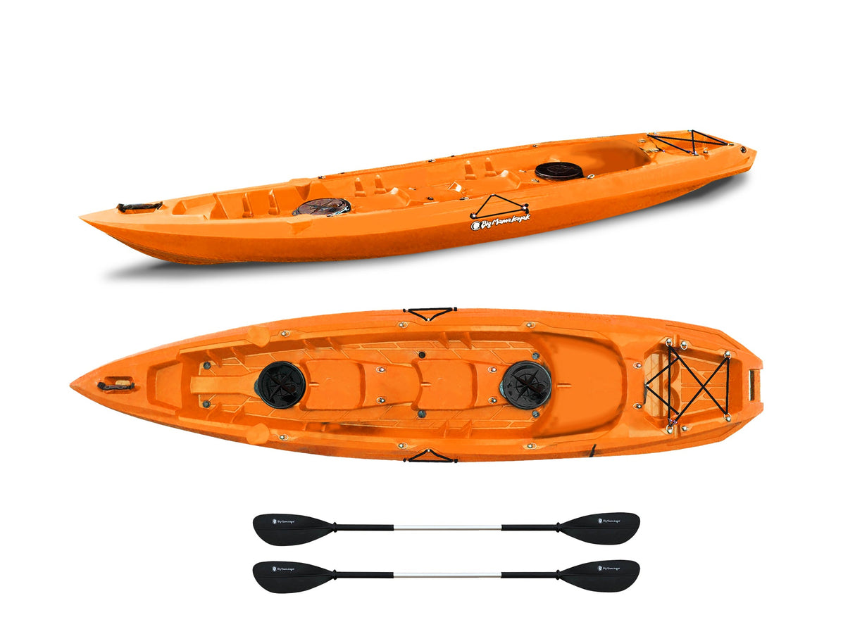 Canoa biposto Mojito Big Mama Kayak - 380 cm - 2 posti adulto + 1 posto bambino + 2 gavoni + 2 ruote integrate + 2 pagaie omaggio - orange