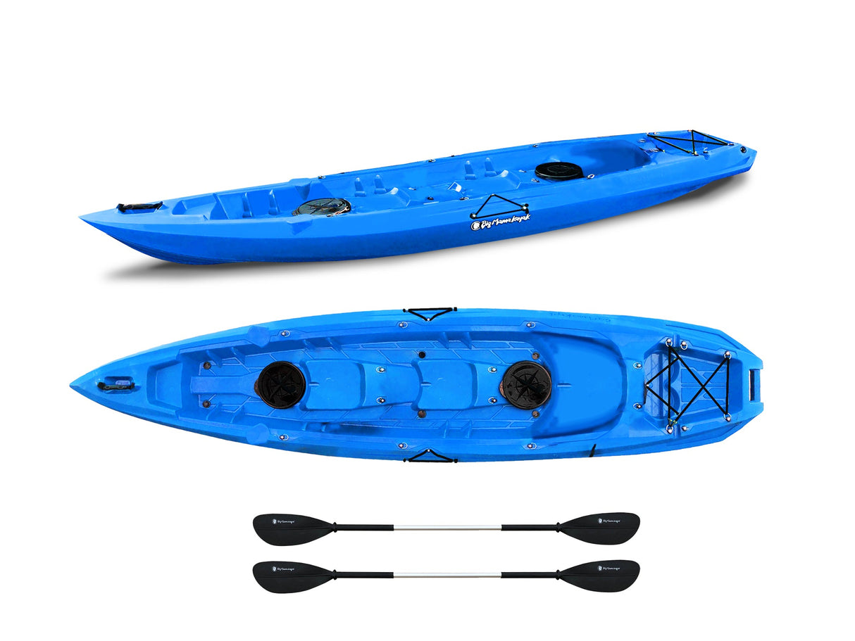 Canoa biposto Mojito Big Mama Kayak - 380 cm - 2 posti adulto + 1 posto + 2 gavoni + 2 ruote integrate + 2 pagaie omaggio - azzurro