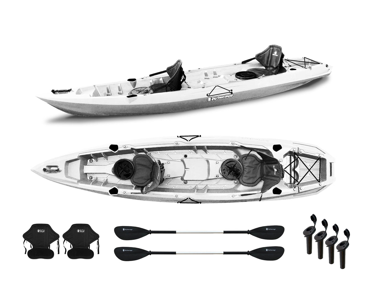 Canoa biposto da pesca - Mojito Fishing Big Mama Kayak - kayak 380 cm - 2 posti adulto + 1 posto bambino + 2 gavoni + 2 ruote integrate + 2 pagaie + 2 seggiolini + 4 portacanne- bianco