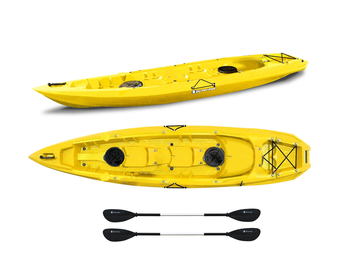 Canoa biposto Mojito Big Mama Kayak - 380 cm - 2 posti adulto + 1 posto bambino + 2 gavoni + 2 ruote integrate + 2 pagaie omaggio - giallo