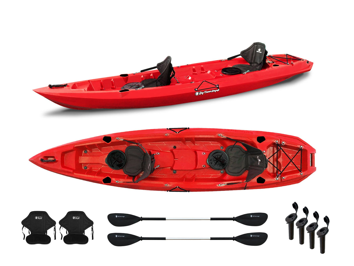Canoa biposto da pesca - Mojito Fishing Big Mama Kayak - kayak 380 cm - 2 posti adulto + 1 posto bambino + 2 gavoni + 2 ruote integrate + 2 pagaie + 2 seggiolini + 4 portacanne - rosso