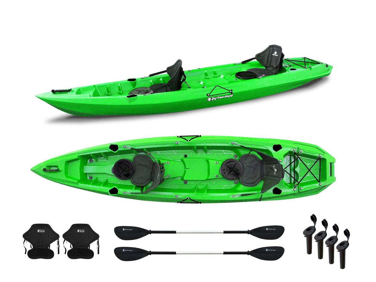 Canoa biposto da pesca - Mojito Fishing Big Mama Kayak - kayak 380 cm - 2 posti adulto + 1 posto bambino + 2 gavoni + 2 ruote integrate + 2 pagaie + 2 seggiolini + 4 portacanne - verde