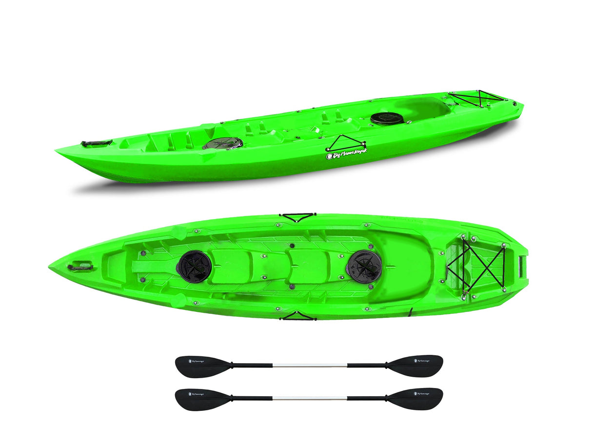 Canoa biposto Mojito Big Mama Kayak - 380 cm - 2 posta adulto + 1 posto bambino + 2 gavoni + 2 ruote integrate+ 2 pagaie omaggio - verde