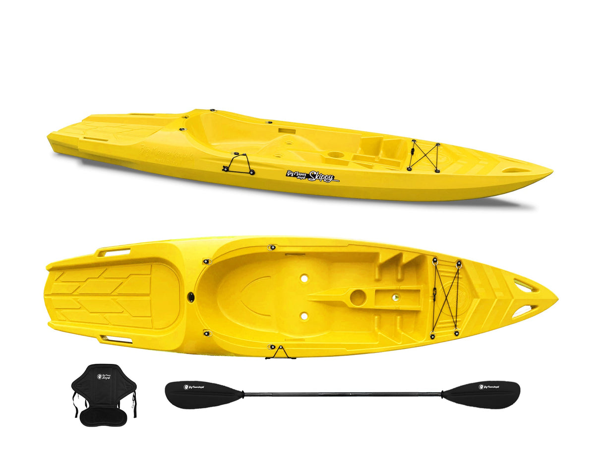 Canoa 1 posto singolo Skippy 2.0 Big mama kayak - Kayak 305 cm con 1 posto adulto + 1 posto bambino + pagaia + seggiolino (FULL PACK) - GIALLO