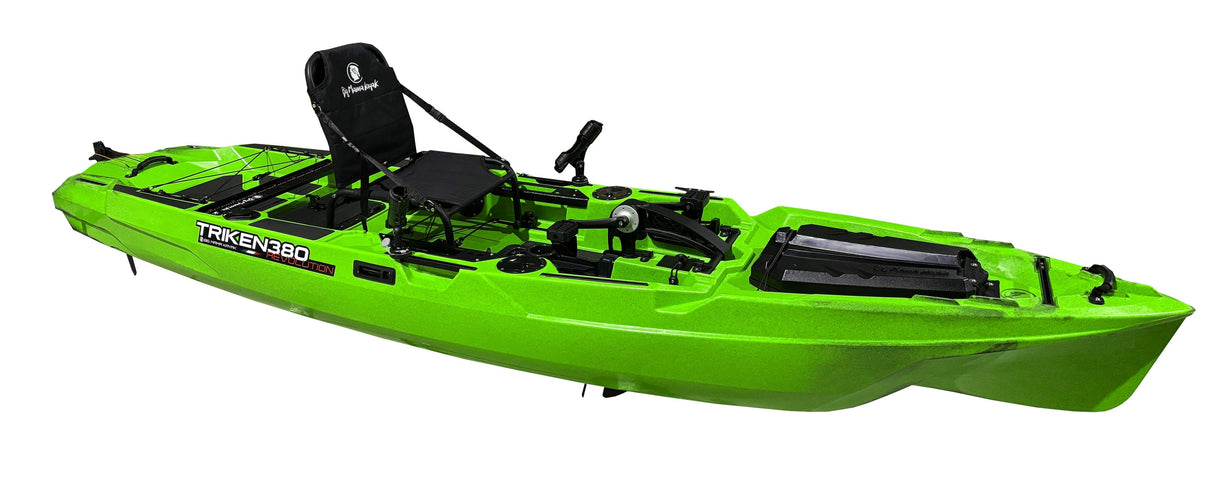 Kayak a pedali Triken 380 REV colore SNAKE GREEN - Canoa Monoposto Fishing 4 portacanne, 2 gavoni, timone, sistema a pedali, sedile rialzato - Big Mama Kayak
