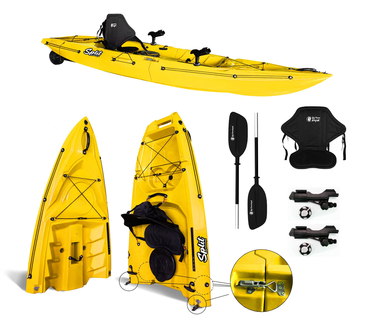 Kayak smontabile Split 1 Fishing Big Mama Kayak con 2 ruote e 1 gavone, 1 seggiolino, 1 pagaia, 2 portacanne + Garmin VIVID 5 cv