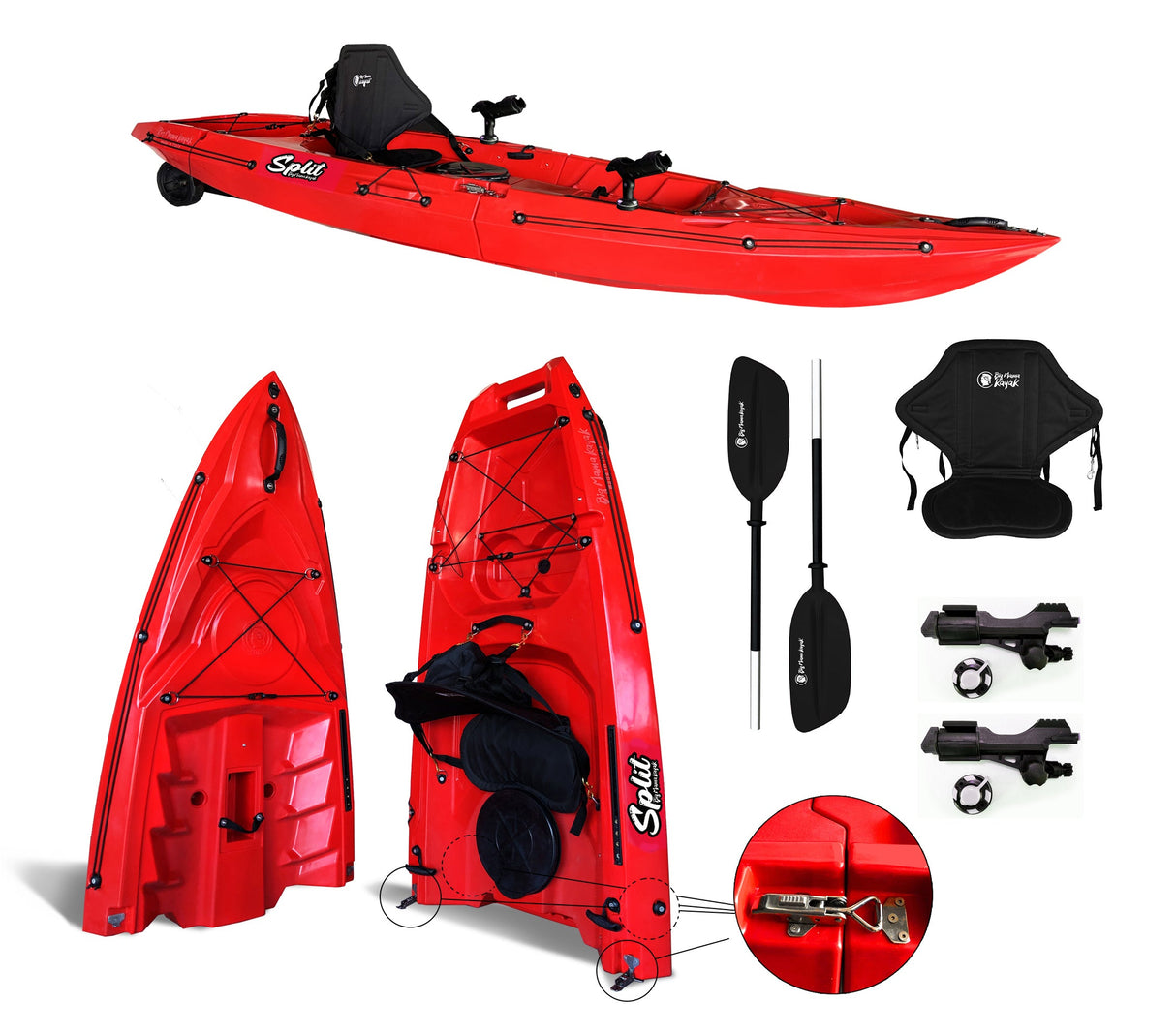 Kayak smontabile Split 1 Fishing Big Mama kayak con 2 ruote e 1 gavone, 1 seggiolino, 1 pagaia, 2 porta canne