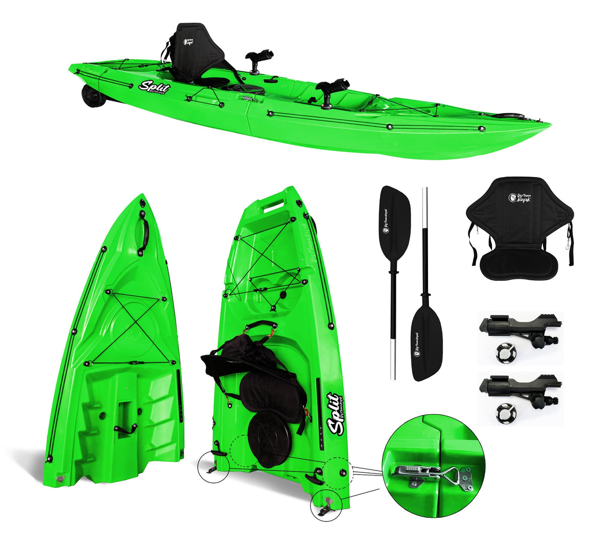 kayak divisibile Split 1 Fishing Big Mama Kayak, canoa modulare, si monta in 30 secondi, con 2 portacanne (verde)