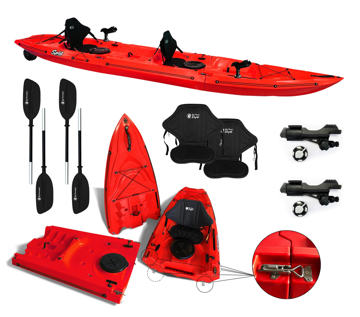 Kayak smontabile Split 2 Fishing Big Mama kayak con 2 ruote e 2 gavoni, 2 seggiolini, 2 pagaie, 2 porta canne