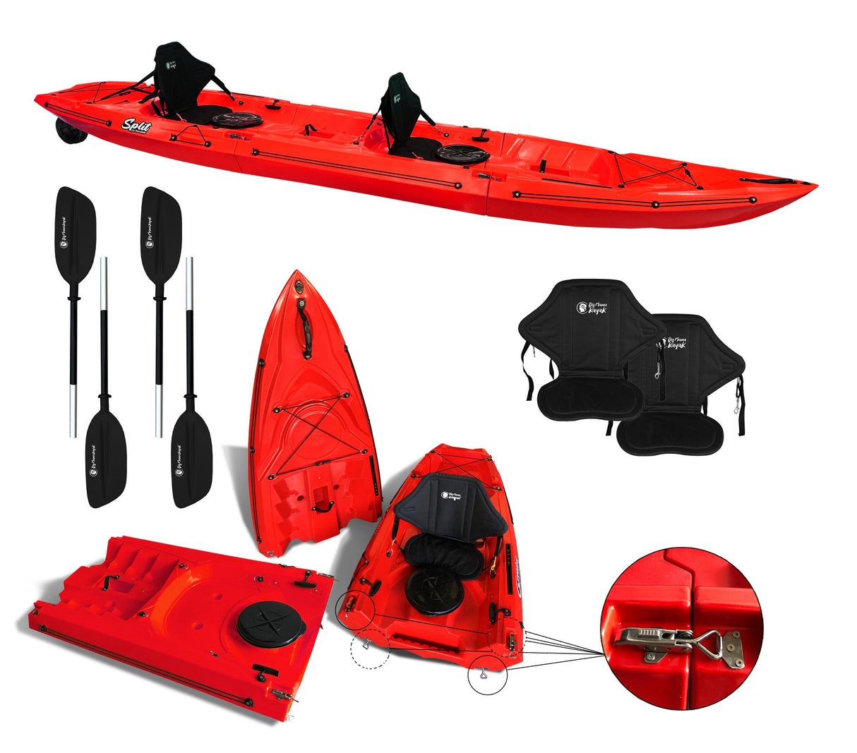 Kayak smontabile Split 2 Big Mama kayak con 2 ruote e 2 gavoni, 2 seggiolini, 2 pagaie