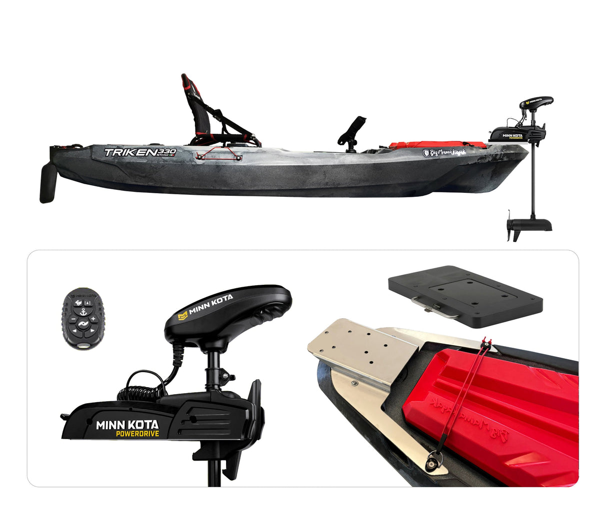 Big Mama Kayak a pedali Triken 330 con Pulpito Inox + Piastra sgancio rapido + motore POWERDRIVE MINN KOTA 45lb, GPS Spotlock