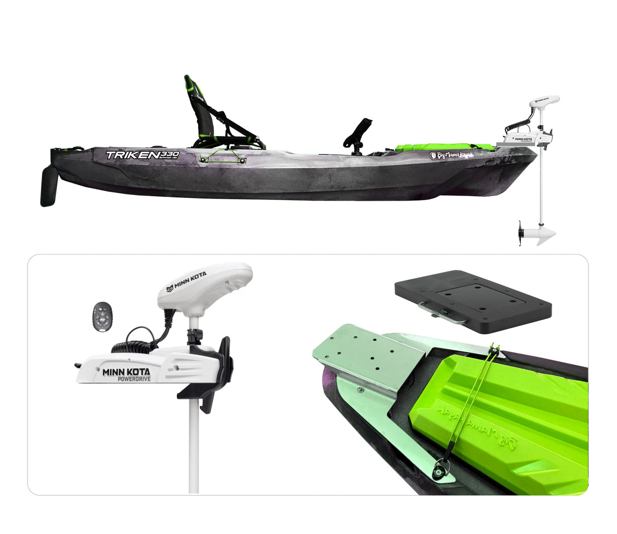 Big Mama Kayak a pedali Triken 330 con Pulpito Inox + Piastra sgancio rapido + motore RIPTIDE POWERDRIVE MINN KOTA 55lb, GPS Spotlock, Autopilota