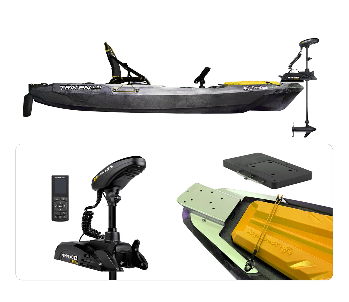 Big Mama Kayak a pedali Triken 330 con Pulpito Inox + Piastra sgancio rapido + motore Terranova WR MINN KOTA 55lb, GPS Spotlock, Autopilota