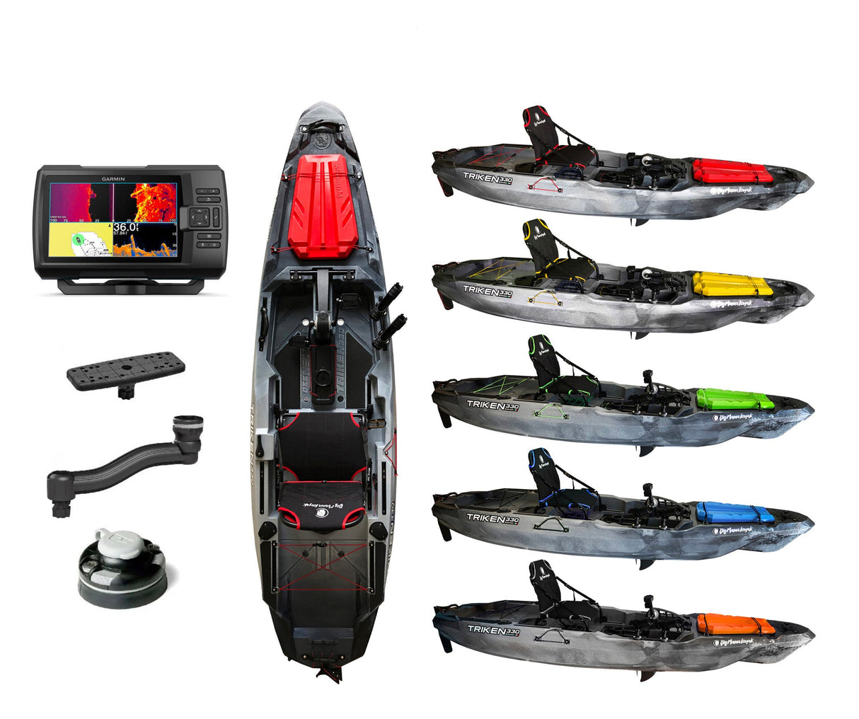 Pack: kayak a pedali triken 330 big mama kayak + garmin striker vivid 7sv ecoscandaglio + trasduttore gt52 + kit braccetto display