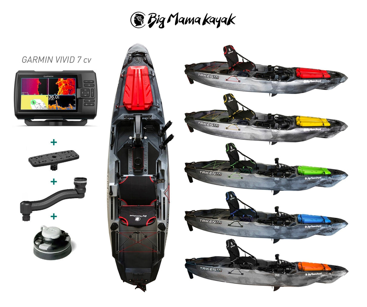Pack: kayak a pedali triken 330 big mama kayak + garmin striker vivid 7sv ecoscandaglio + trasduttore gt52 + kit braccetto display
