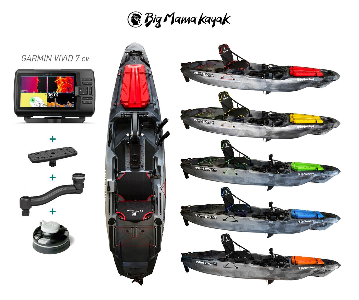 Big mama kayak a pedali triken 330 garmin striker vivid 7cv ecoscandaglio + trasduttore + kit braccetto display