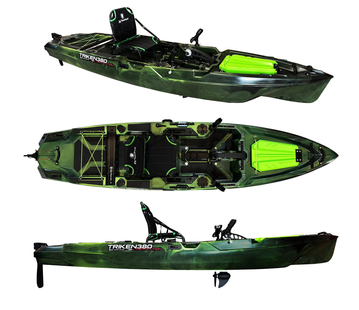 Kayak a pedali Triken 380 REV colore special army green  - canoa monoposto fishing 4 portacanne, 2 gavoni, timone, sistema di pedali, sedile rialzato - big mama kayak