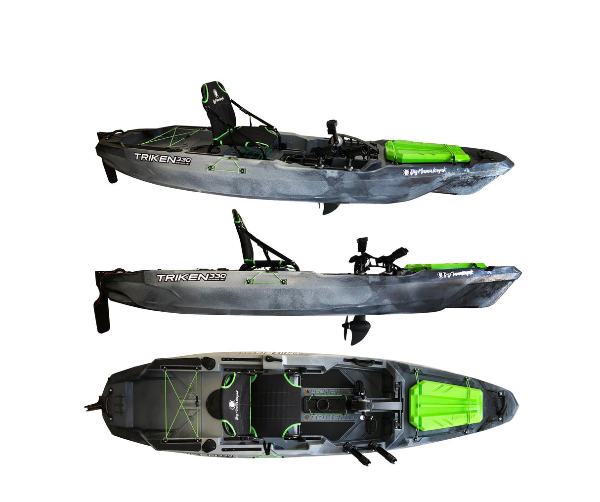 Big mama kayak a pedali triken 330 - canoa monoposto fishing con 4 portacanne, 2 gavoni, timone, sistema di pedali, sedile rialzato, 11 barre di scorrimento ver. coperchio verde