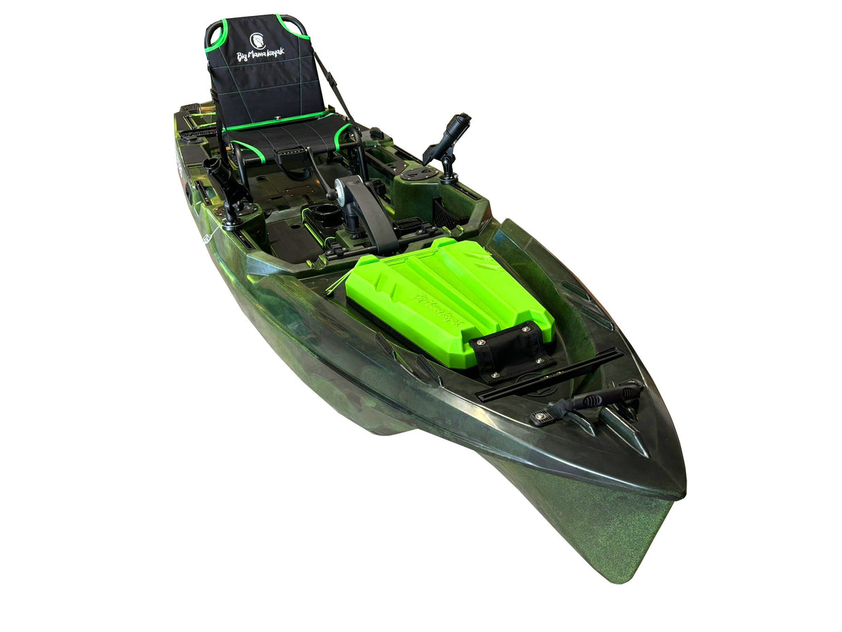 Kayak a pedali Triken 380 REV colore special army green  - canoa monoposto fishing 4 portacanne, 2 gavoni, timone, sistema di pedali, sedile rialzato - big mama kayak