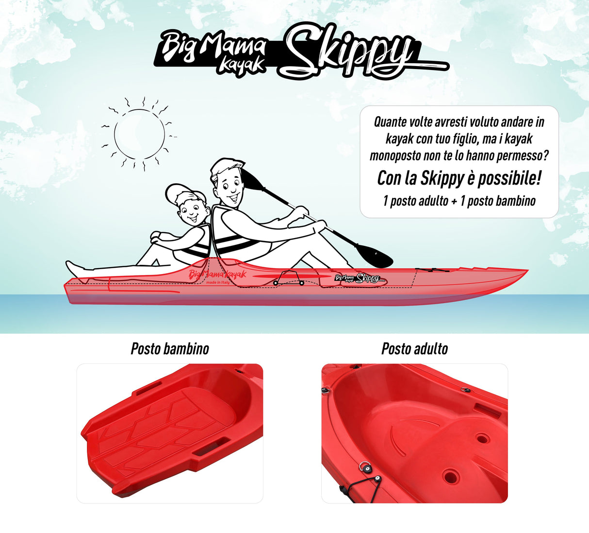 Canoa monoposto skippy 2.0 big mama kayak canoa 305 cm 1 posto adulto + 1 posto bambino + 1 seggiolino (pack 2)