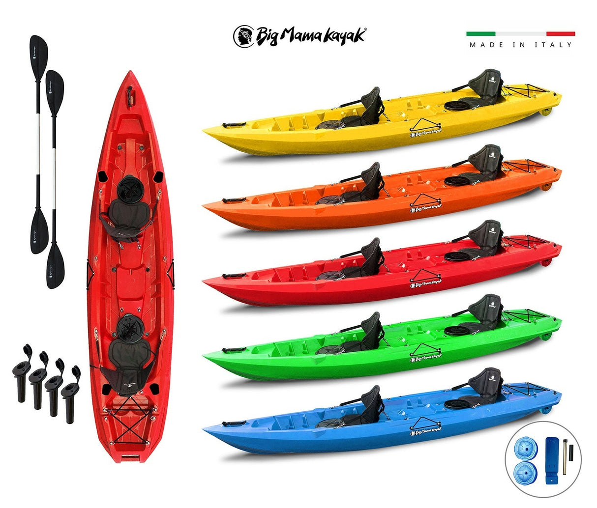kayak biposto Mojito FISHING Big Mama Kayak canoa con 2 + 1 Posti 380 Cm + 2 Pagaie + 2 Gavoni + 2 ruote integrate + 4 portacanne
