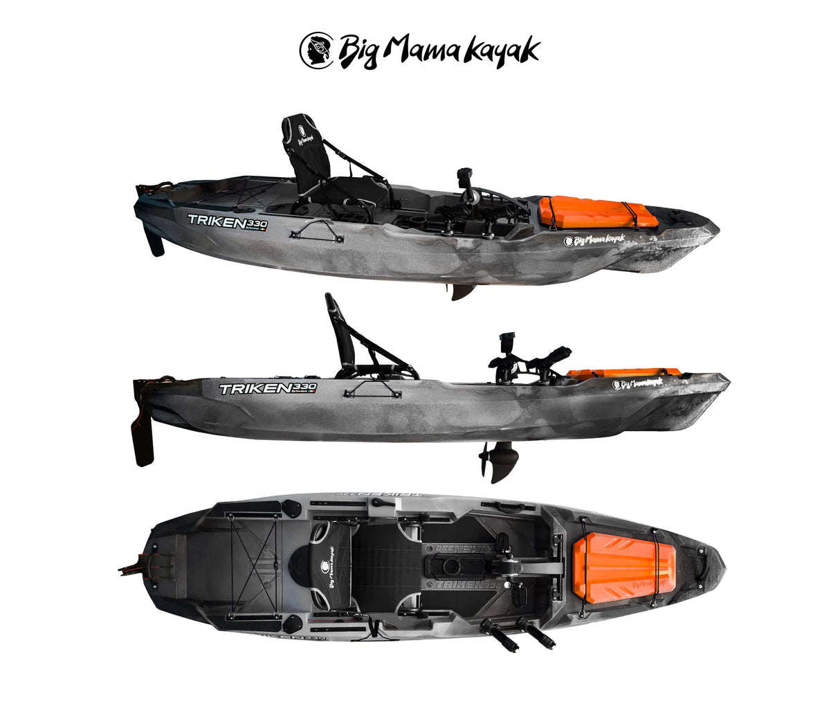 Big mama kayak a pedali triken 330 - canoa monoposto fishing con 4 portacanne, 2 gavoni, timone, sistema di pedali, sedile rialzato, 11 barre di scorrimento ver. coperchio arancio