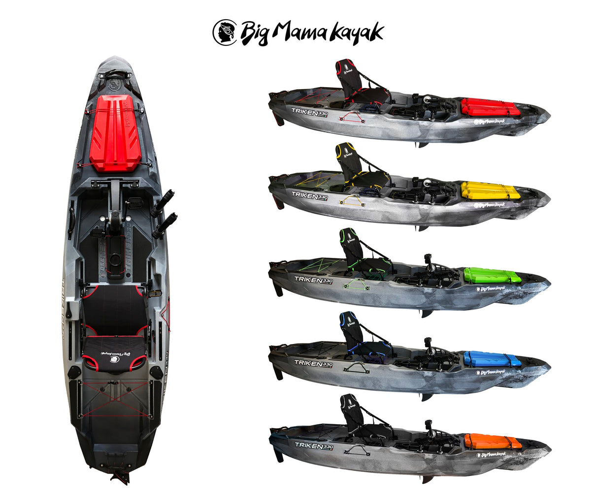 Big mama kayak a pedali triken 330 - canoa monoposto fishing con 4 portacanne, 2 gavoni, timone, sistema di pedali, sedile rialzato, 11 barre di scorrimento ver. coperchio azzurro