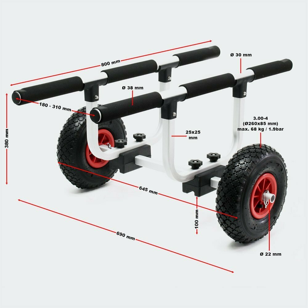 Carrello Porta Canoe Kayak Trolley Barre Orizzontali Portata 90 Kg - Ruote Da 26 Cm Cod 62640 62639 - Big Mama Kayak Adatto A Triken 405