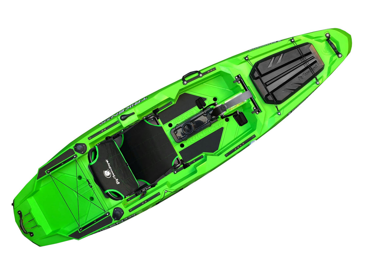 Big mama kayak a pedali triken 330 - canoa monoposto fishing con 4 portacanne, 2 gavoni, timone, sistema di pedali, sedile rialzato, 11 barre di scorrimento ver. scafo verde