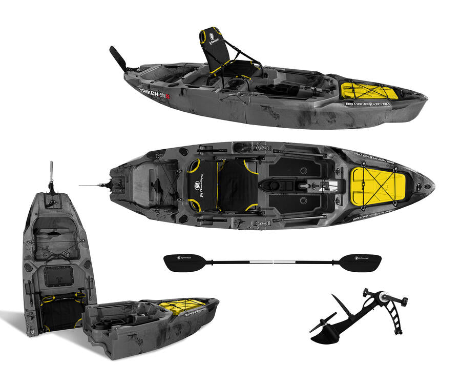 Kayak fishing a Pedali divisibile Big Mama Triken 330 Live S, con ruote e vasca del vivo - SCAFO GRIGIO NERO, gavone GIALLO