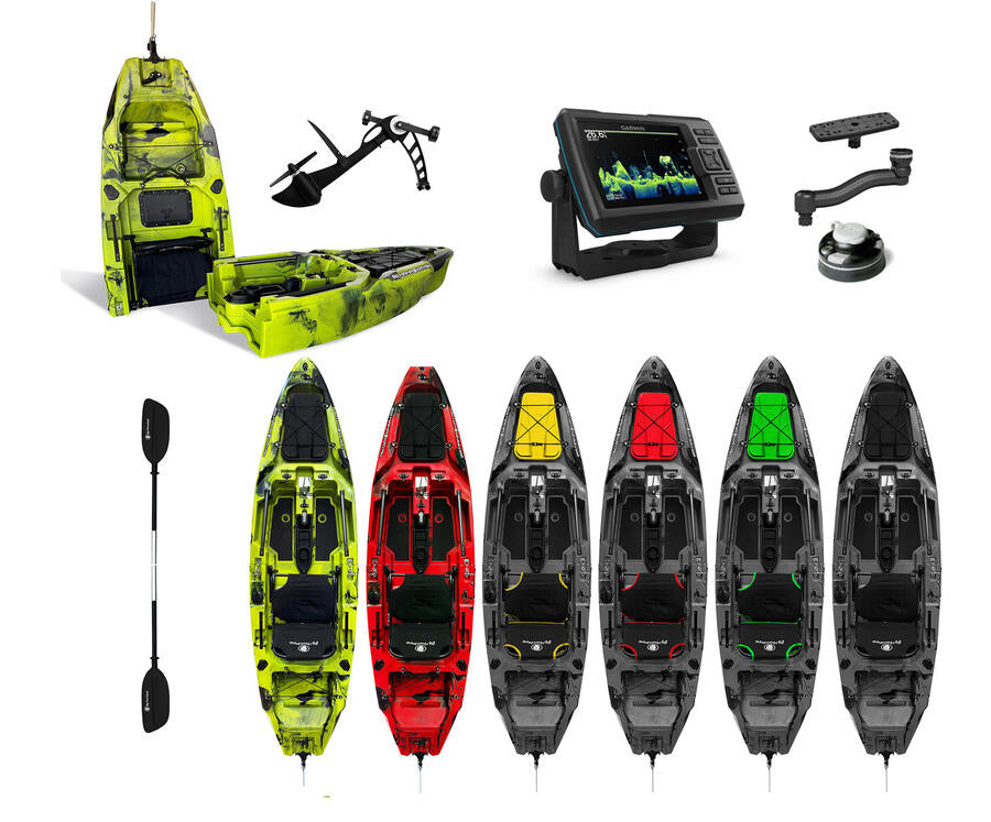 canoa fishing a Pedali divisibile Big Mama Triken 330 Live S, con ruote e vasca del vivo + ecoscandaglio Garmin Striker Vivid 5 + kit braccetto display