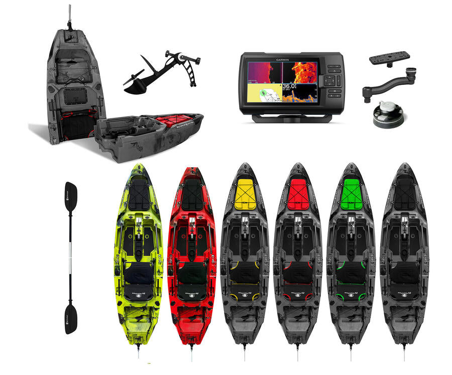 canoa fishing a Pedali divisibile Big Mama Triken 330 Live S, con ruote e vasca del vivo + ecoscandaglio Garmin Striker Vivid 7CV + kit braccetto display