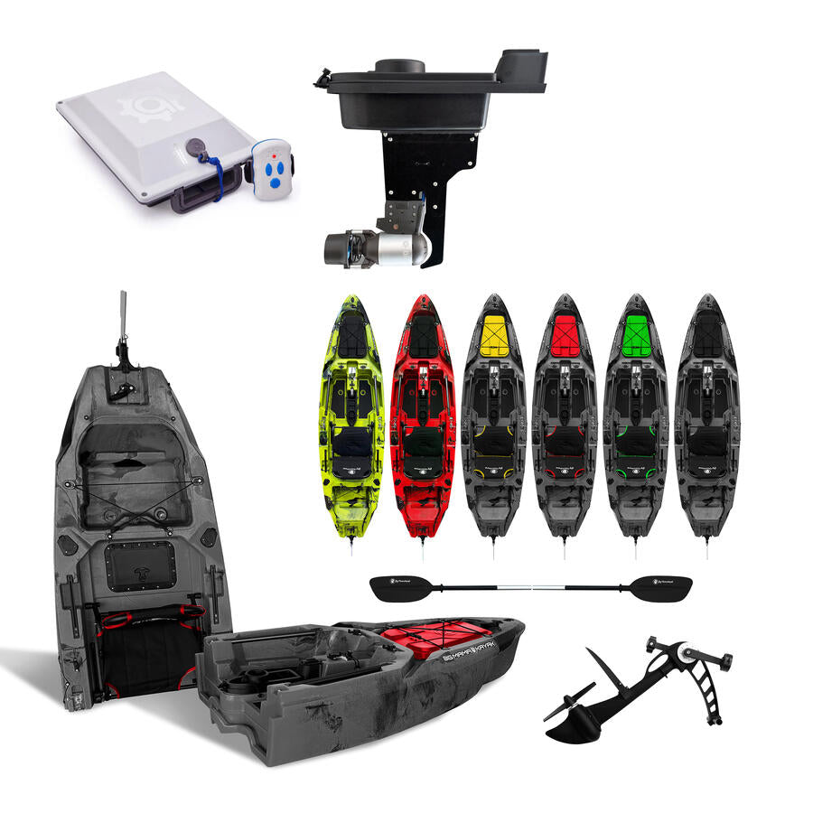 canoa monoposto divisibile a pedali con elica BIG MAMA KAYAK TRIKEN 330 LIVE S componibile + motore Bixpy K1 Outboard Kit con batteria PP-378 Wh v4 + Adattatore centrale vano copripedali