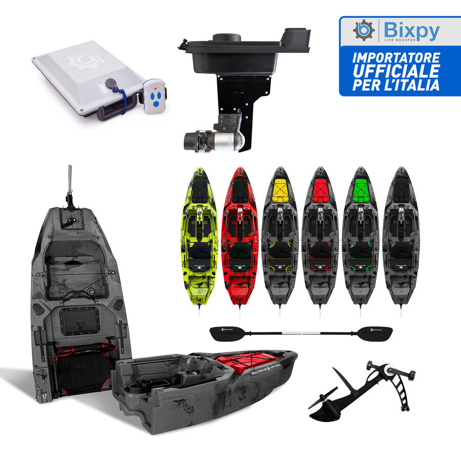 canoa monoposto divisibile a pedali con elica BIG MAMA KAYAK TRIKEN 330 LIVE S componibile + motore Bixpy K1 Outboard Kit con batteria PP-378 Wh v4 + Adattatore centrale vano copripedali
