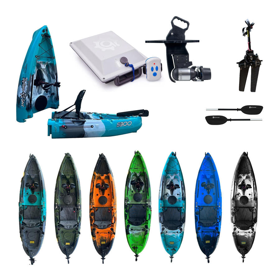 Kayak divisibile a pedali con pinne BIG MAMA START S300 monoposto componibile + motore BIXPY K1 Outboard Kit con batteria PP-378 Wh v4 + Adattatore Low Profile Thruhull Pedal Drive
