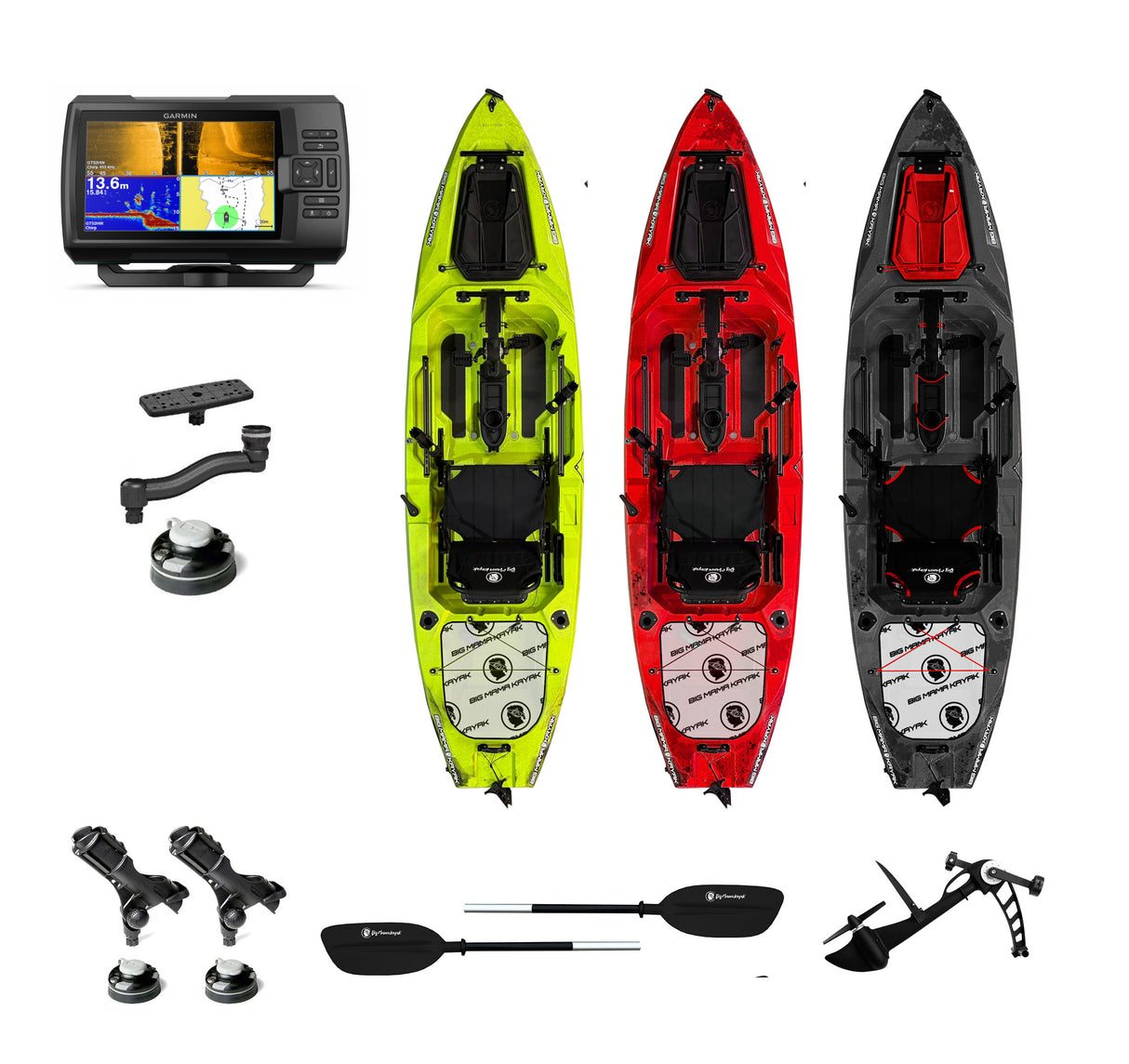 Triken 350 live Big Mama Kayak + Eco Garmin Vivid 7 SV + kit braccetto -kayak da pesca a pedali con 4 portacanne, 2 gavoni, timone, sistema di pedali, sedile rialzato e pagaia