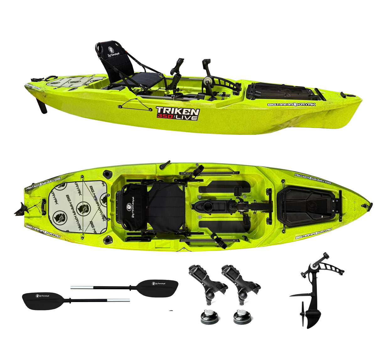 Triken 350 live Plus con cover vasca del vivo, Big Mama Kayak -kayak da pesca a pedali con 4 portacanne, 2 gavoni, timone, sistema di pedali, sedile rialzato e pagaia
