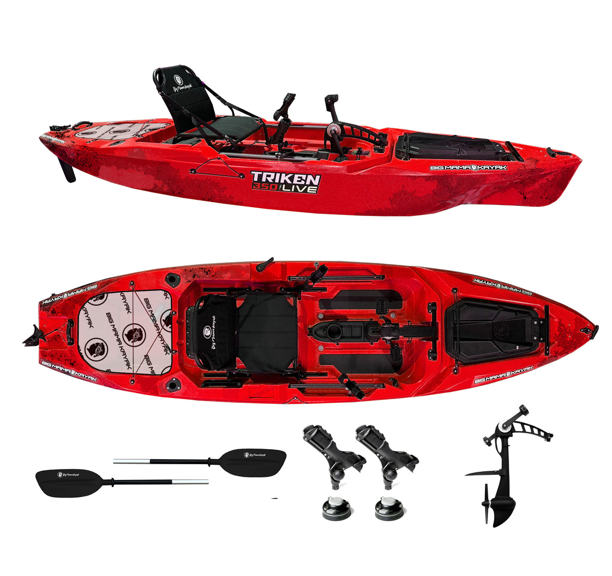 Triken 350 live Plus con cover vasca del vivo, Big Mama Kayak -kayak da pesca a pedali con 4 portacanne, 2 gavoni, timone, sistema di pedali, sedile rialzato e pagaia