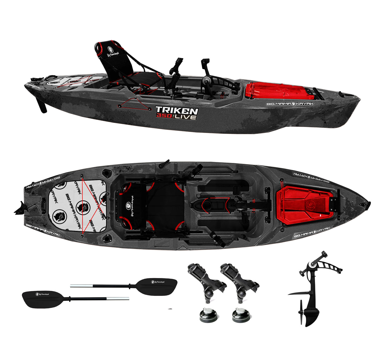 Triken 350 live Plus con cover vasca del vivo, Big Mama Kayak -kayak da pesca a pedali con 4 portacanne, 2 gavoni, timone, sistema di pedali, sedile rialzato e pagaia