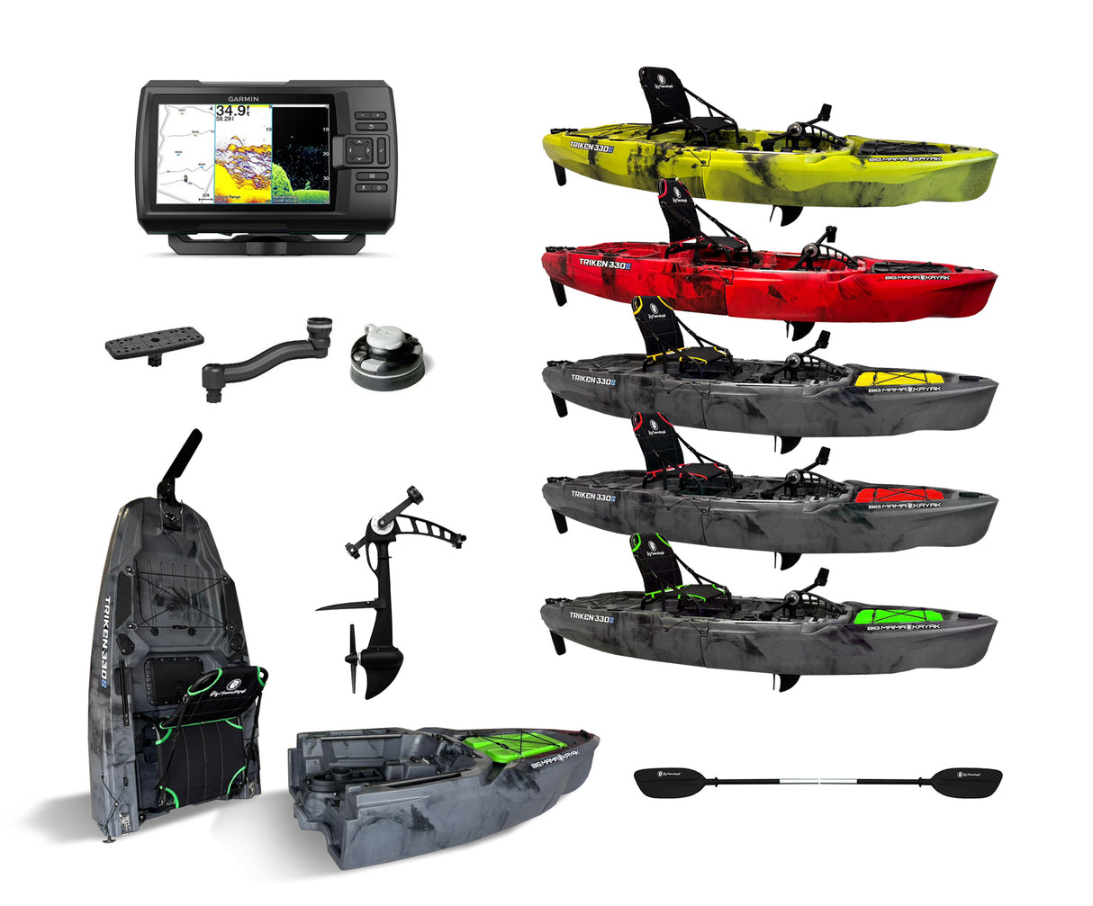 Kit 7cv composto da : Kayak da pesca a pedali Big Mama Triken 330 S divisibile + Garmin Striker vivid 7 cv + Kit braccetto