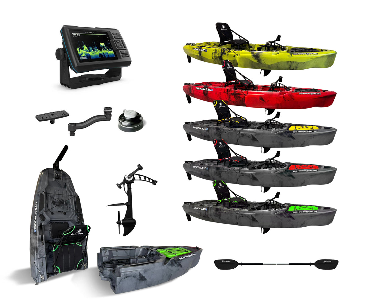 Kit 5cv composto da : Kayak da pesca a pedali Big Mama Triken 330 S divisibile + Garmin Striker vivid 5 + Kit braccetto