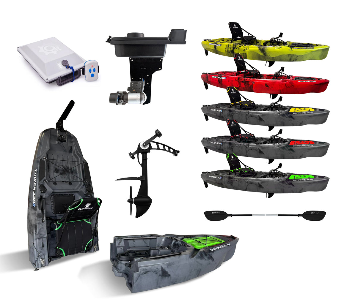 Kit composto da : Kayak da pesca a pedali Big Mama Triken 330 S divisibile + motore Bixpy K1  batteria 378 + supporto centrale