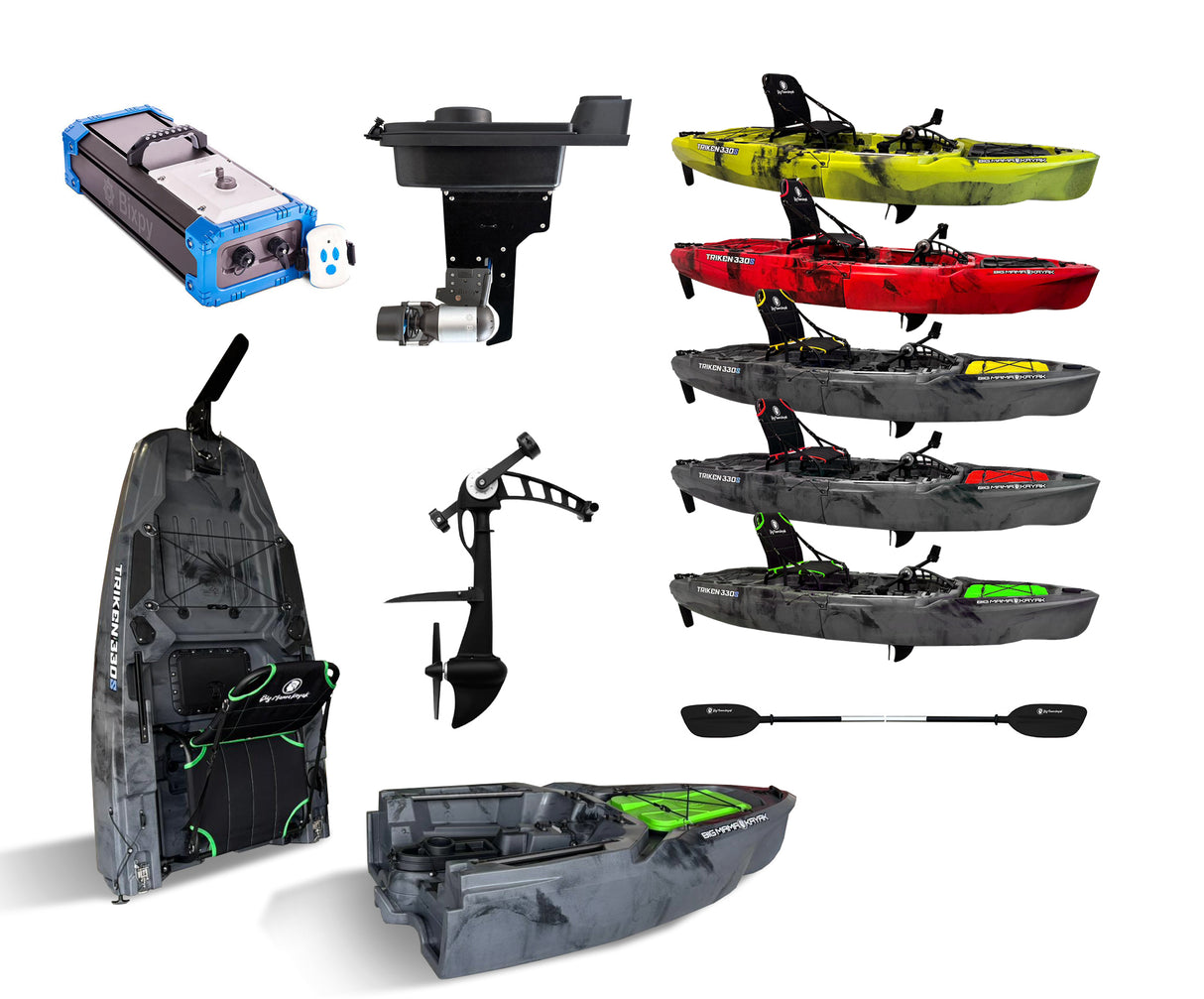Kit composto da : Kayak da pesca a pedali Big Mama Triken 330 S divisibile + motore Bixpy K1  batteria 768 + supporto centrale