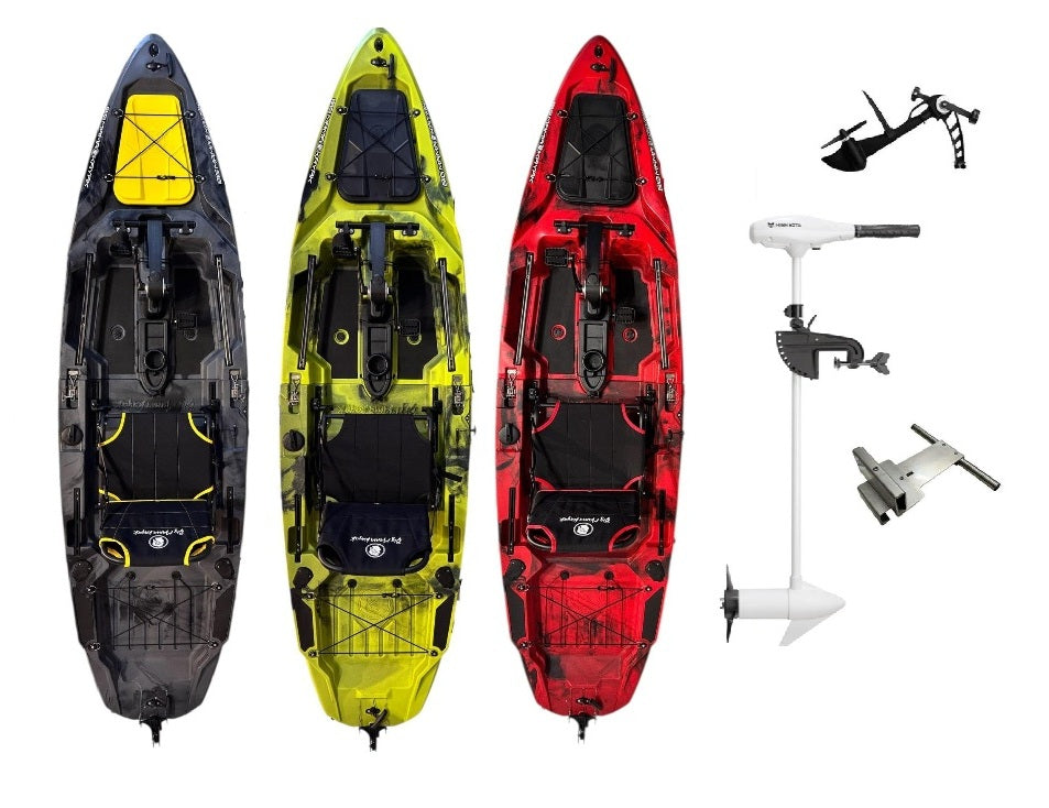 Kayak fishing a Pedali divisibile Big Mama Triken 330 S divisibile + supporto motore centrale + motore Minn Kota RIPTIDE TRANSOM 40 + pedaliera
