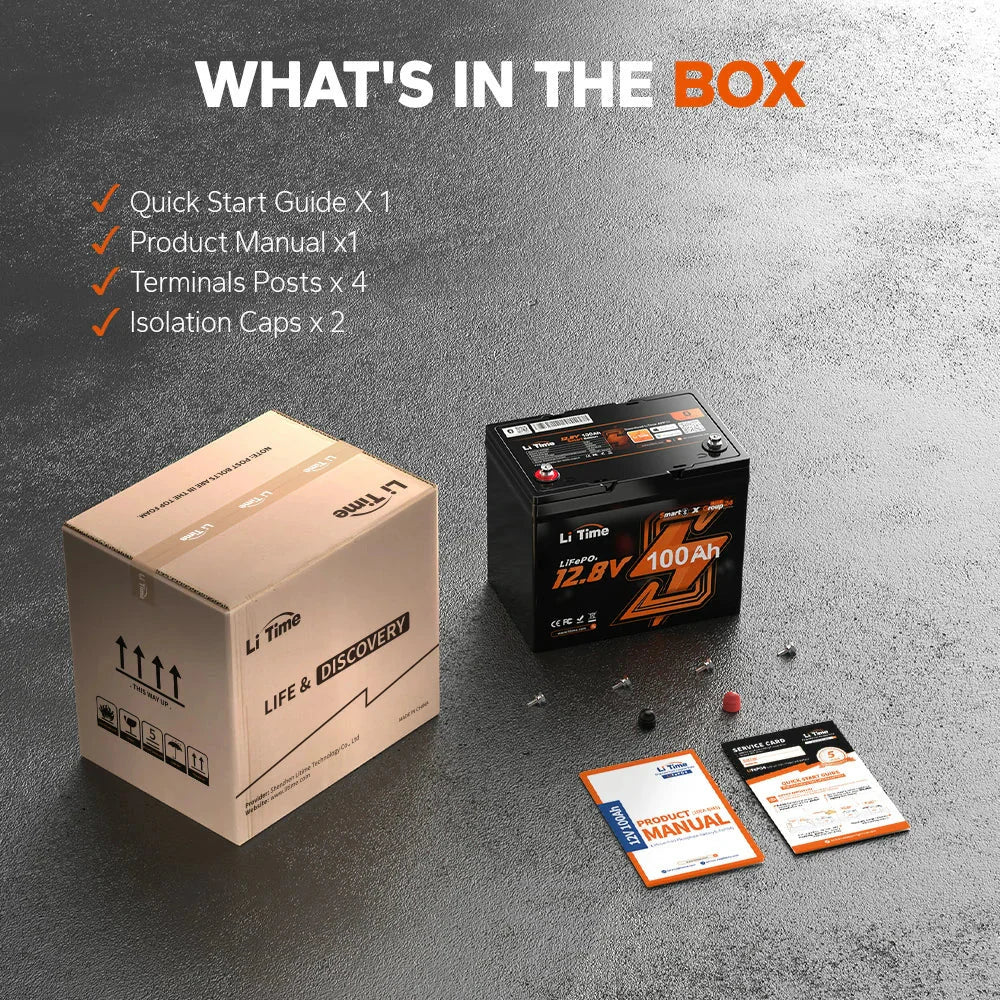 Batteria 100 Ah Extra Mini per motore elettrico kayak  - LiTime 12V 100Ah Batteria al litio Bluetooth LiFePO4 LI TIME