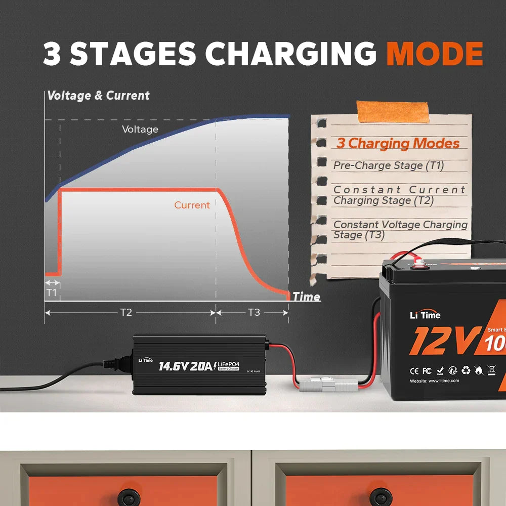 LiTime Caricabatterie al Litio LiFePO4 da 12V 20A  - Caricatore Li Time