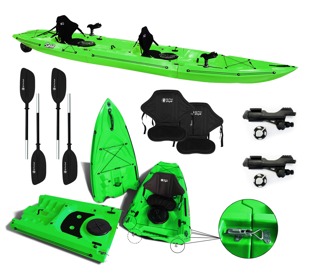Kayak smontabile Split 2 Fishing Big Mama Kayak con 2 ruote, 2 gavone, 2 seggiolini, 2 pagaie, 2 portacanne + Garmin VIVID 5 cv