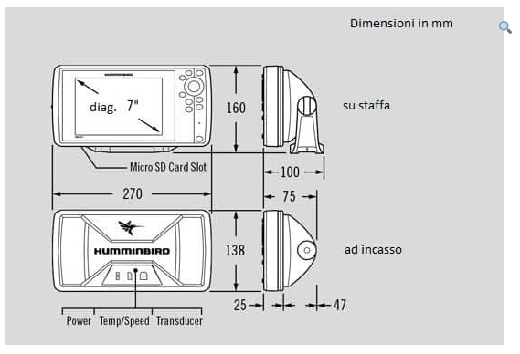 Ecoscandaglio Humminbird HELIX 7 CHIRP DS GPS G4N include trasduttore da poppa Dual Spectrum  cod. Jh-h7-630 interfaccia Terrova kayak
